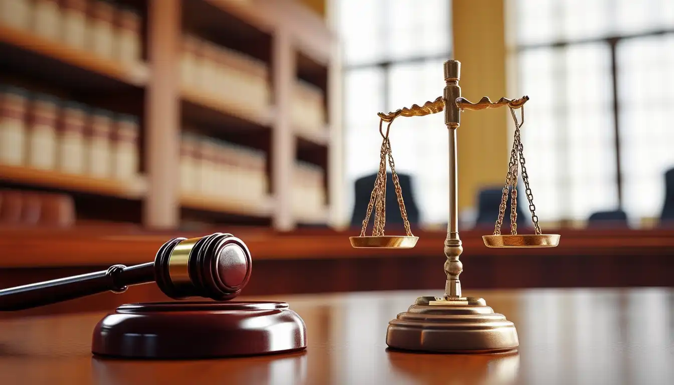 A courtroom scene with a gavel and scales of justice