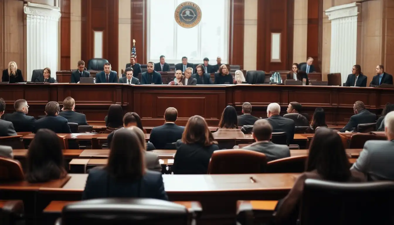 A courtroom scene where testimony is presented to a panel of judges